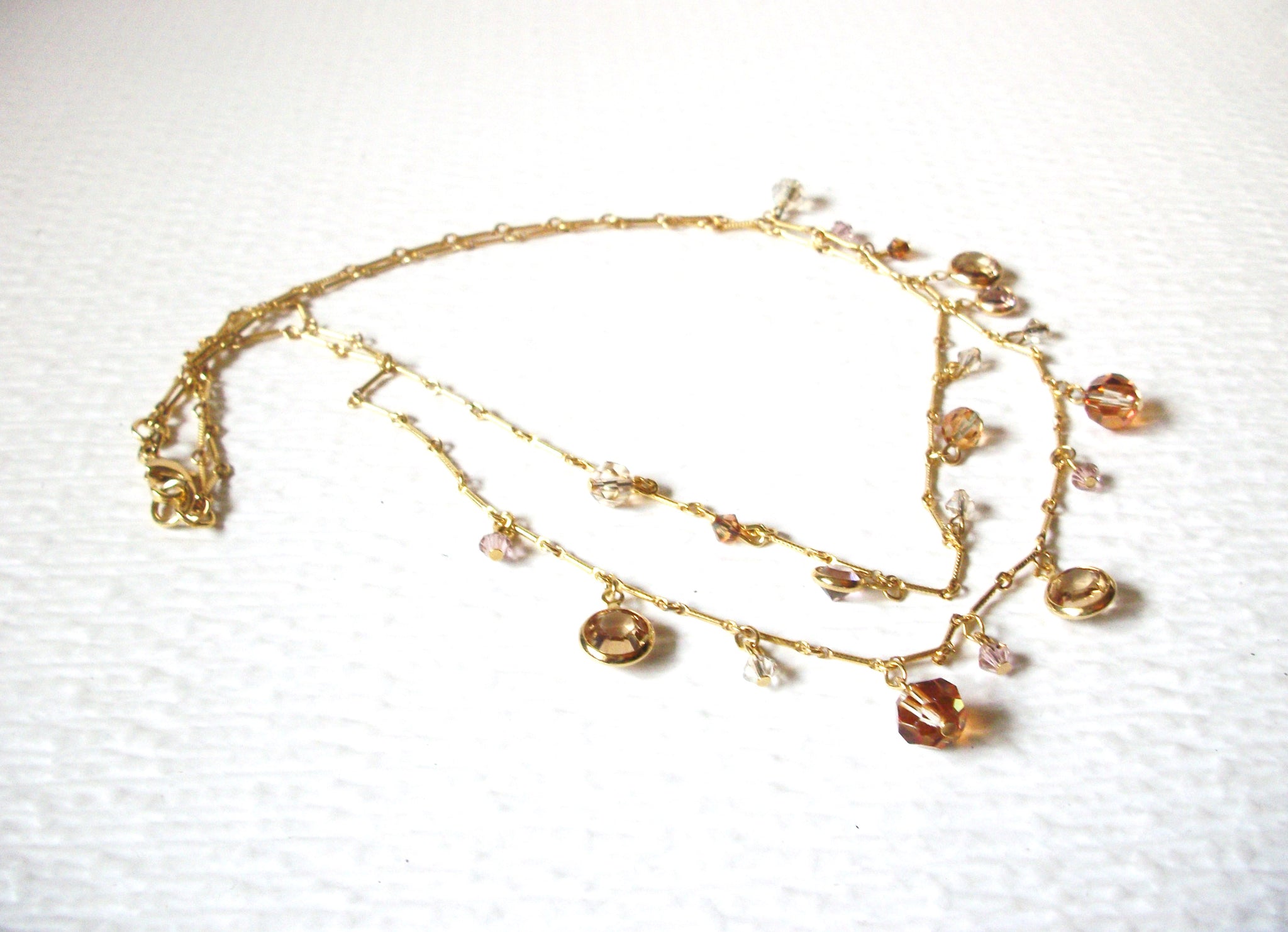 Vintage Gold Toned Bezel Set Champagne Gold Crystal Glass Necklace 30717