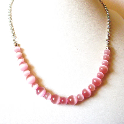 Vintage Necklace Silver Toned Pink Cat Eye Glass Beads 18" Long Used 62617
