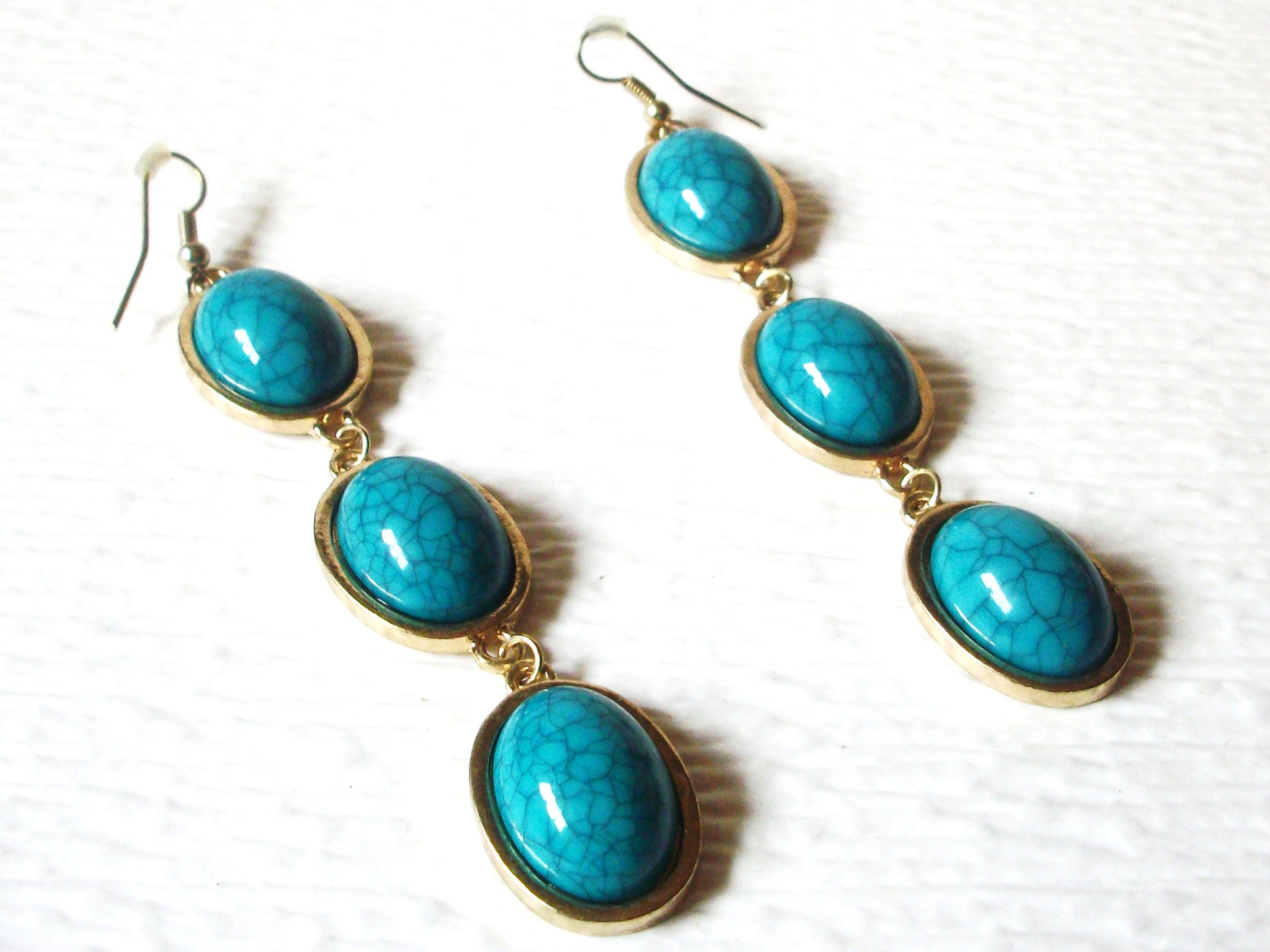 Retro Gold Toned Faux Turquoise Stone 3" Dangle Earrings 62218