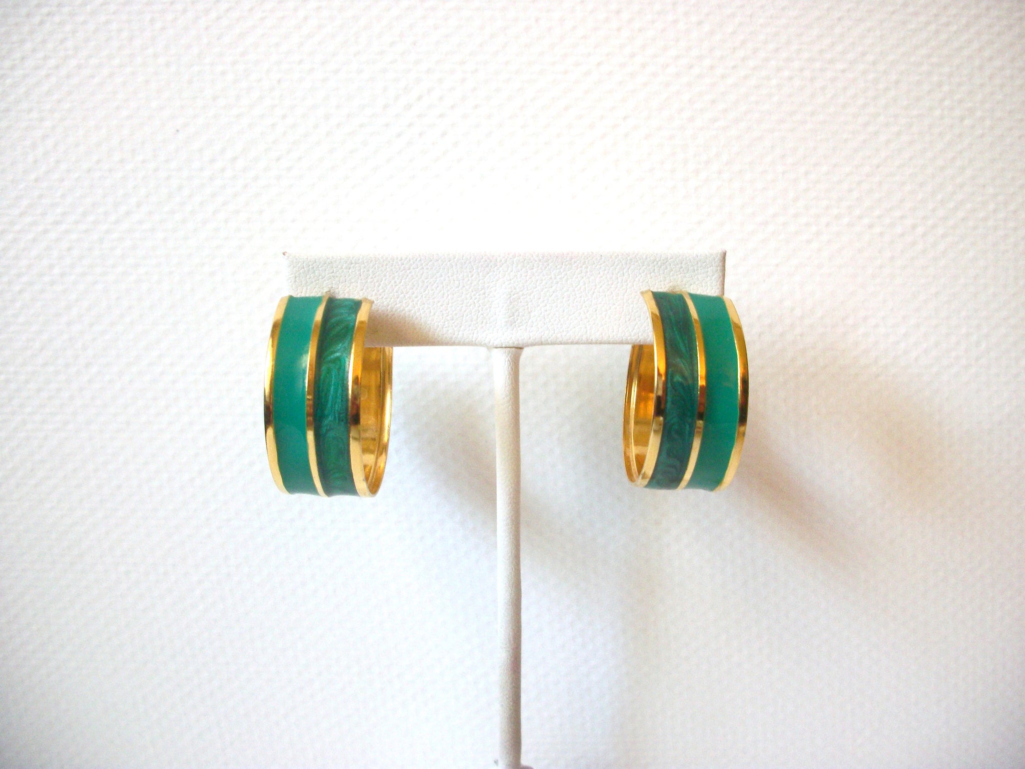 Retro Gold Toned Turquoise Green Enameled Wide Hoop Earrings 9216