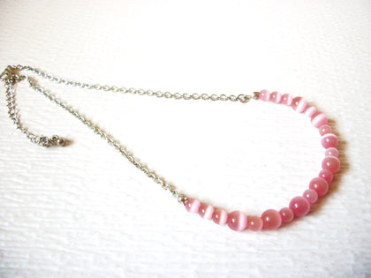 Vintage Necklace Silver Toned Pink Cat Eye Glass Beads 18" Long Used 62617