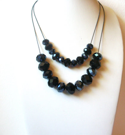 Retro Black Czech Glass Necklace Earrings Set 010121