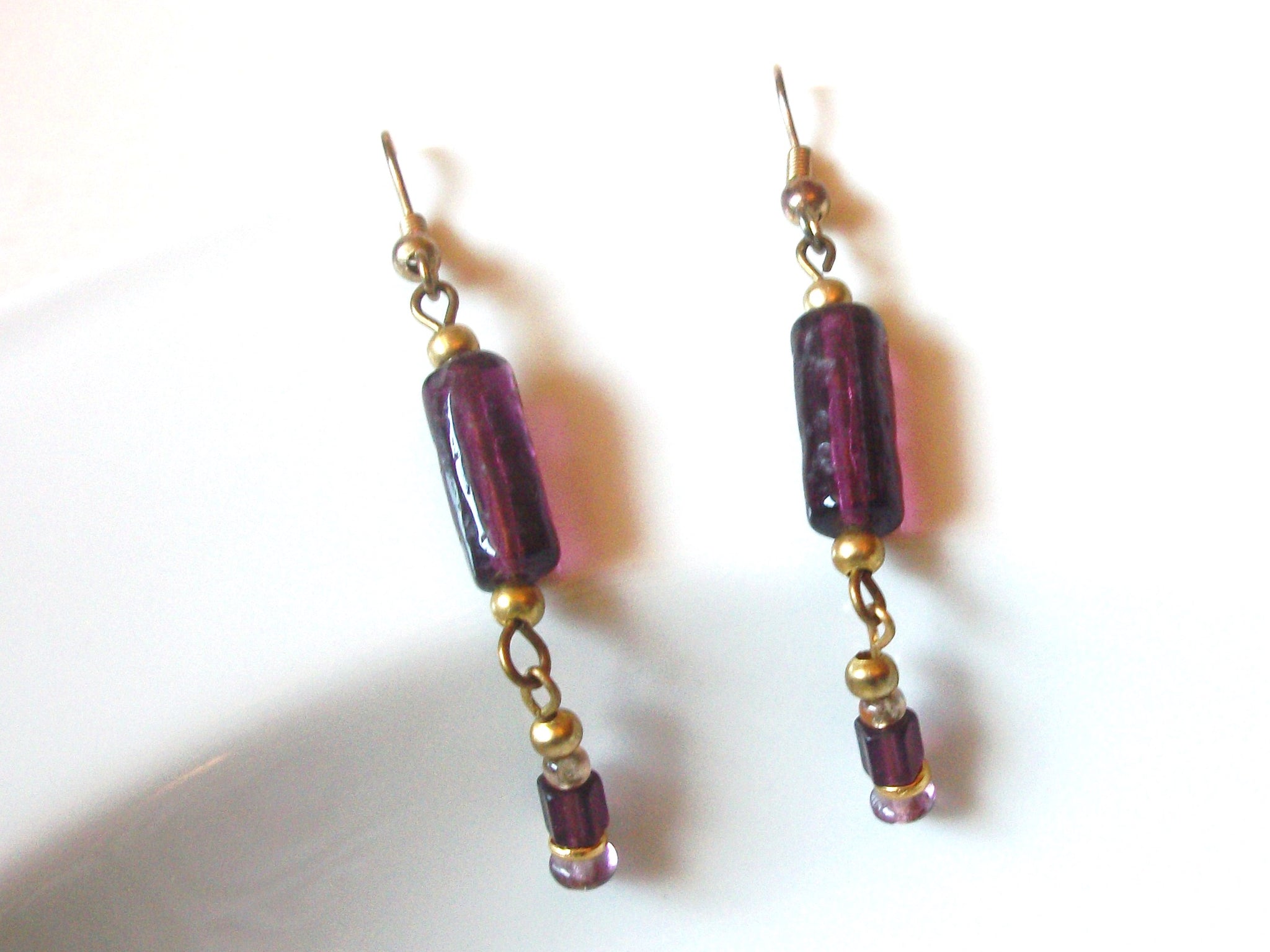 Long Vintage Plum Purple Silver Glass Earrings 121816