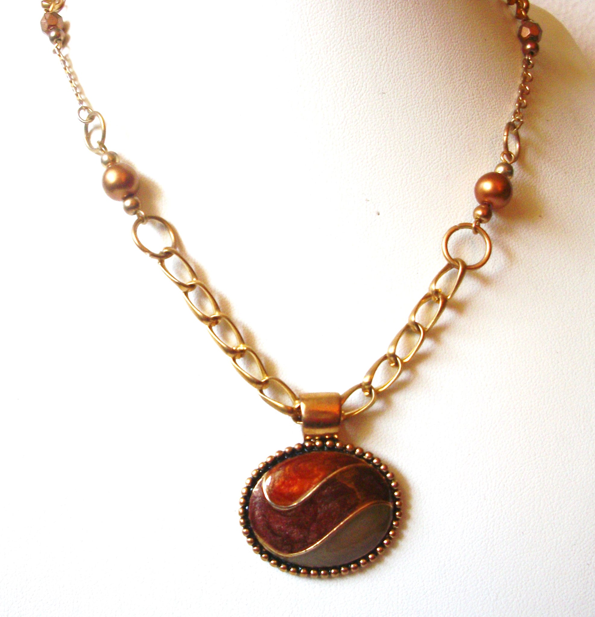 Vintage Pendant Necklace KC Stamped Gold Copper Toned Enameled Olive Copper 20" Long Used 62617