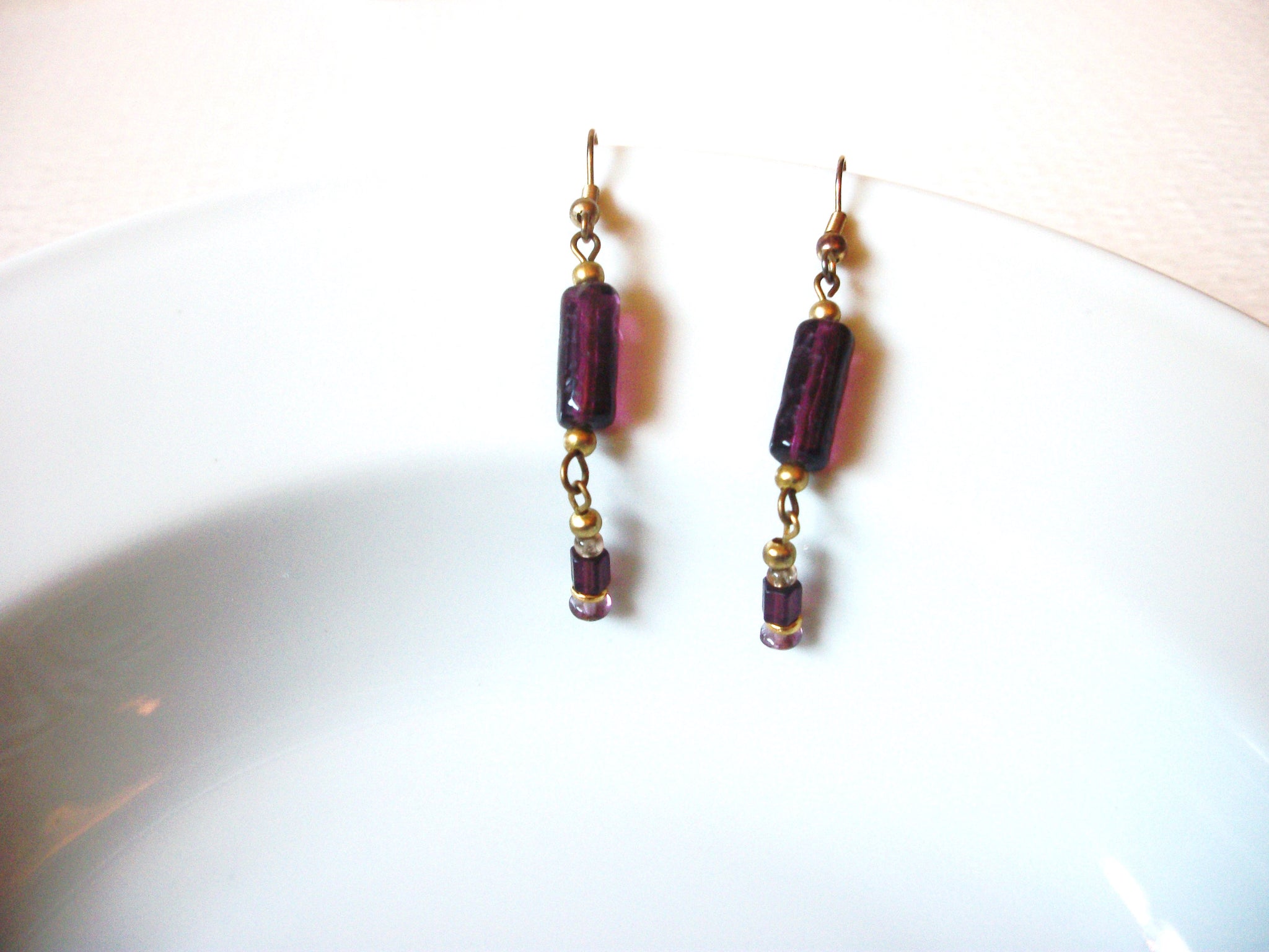 Long Vintage Plum Purple Silver Glass Earrings 121816