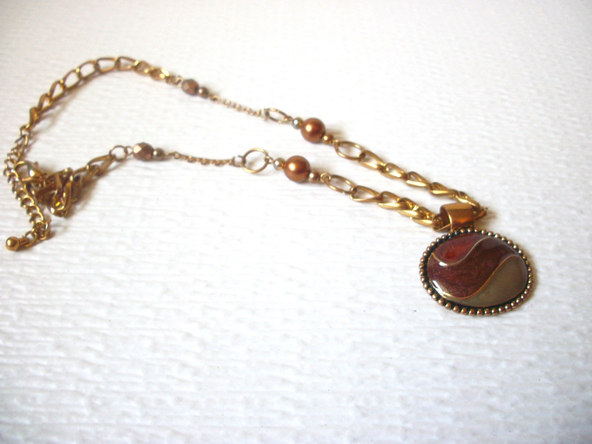 Vintage Pendant Necklace KC Stamped Gold Copper Toned Enameled Olive Copper 20" Long Used 62617