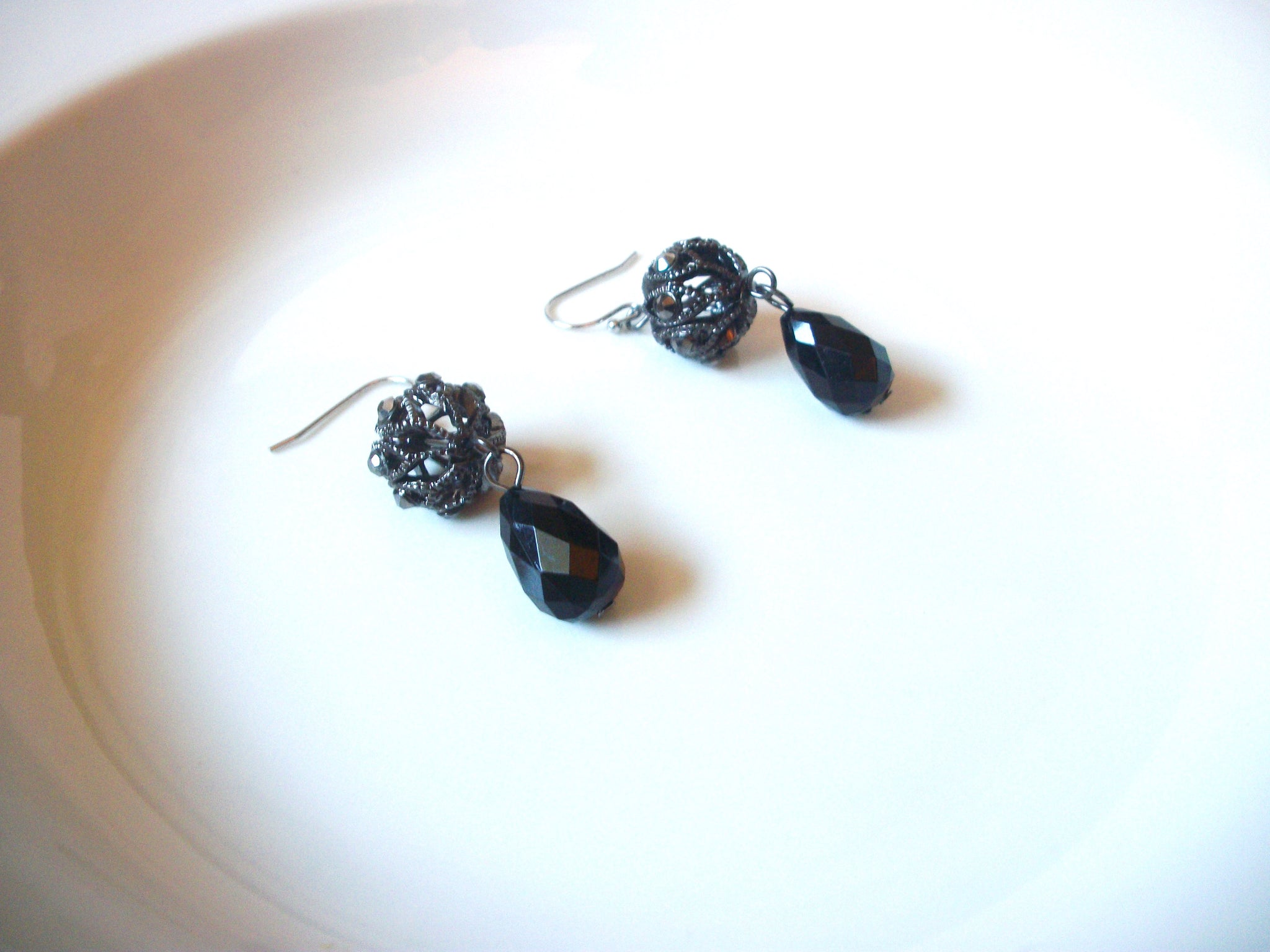 Vintage Dark Metal Black Glass Clear Rhinestone Earrings 121816