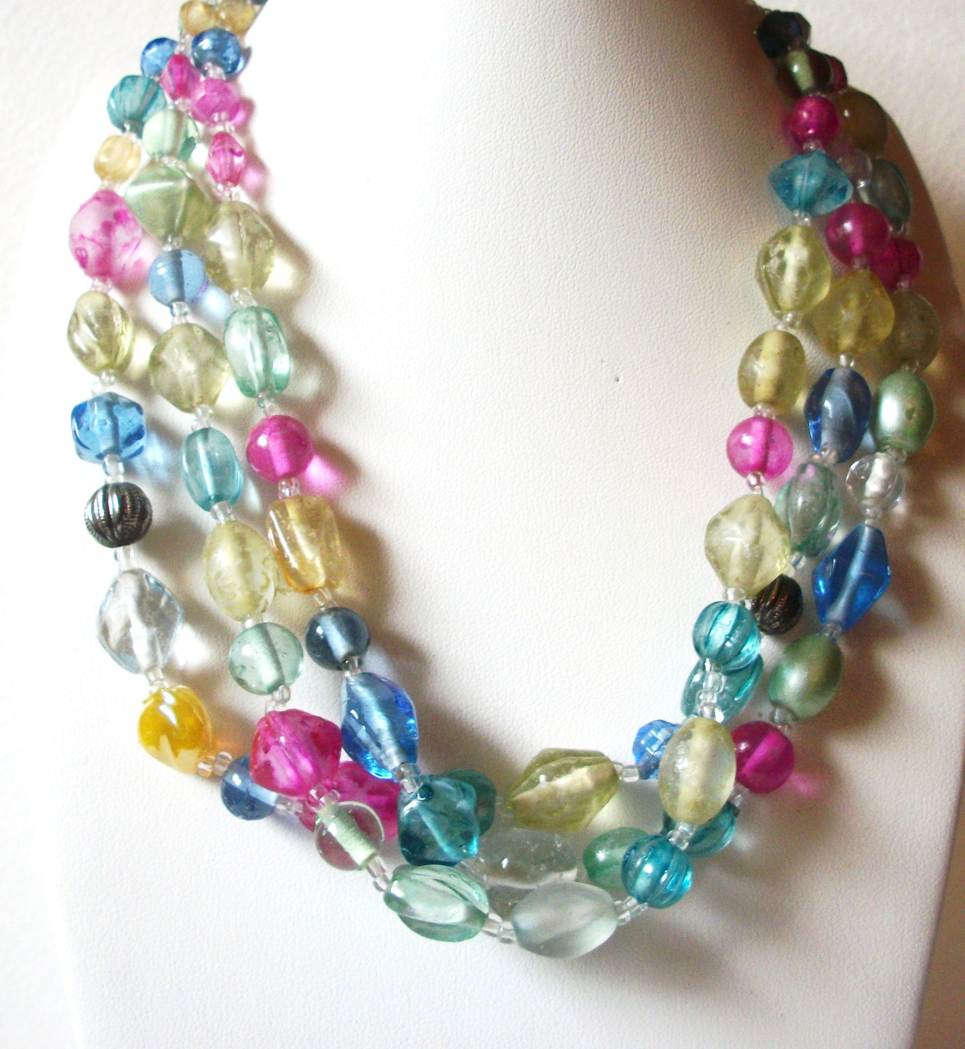 Vintage Frosted Glass Pastels Multi Strand Necklace 82217