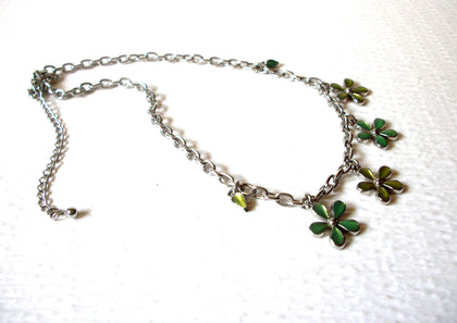 Retro Silver Toned Links Green Flower Necklace 91517