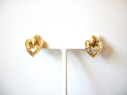 Vintage AVON Small Gold Toned Heart Clear Rhinestone Stud Earrings 92216