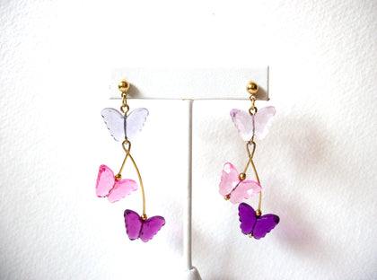 Vintage Earrings Gold Toned Translucent Purple Pink Fuchsia Butterfly 3" Long 62617