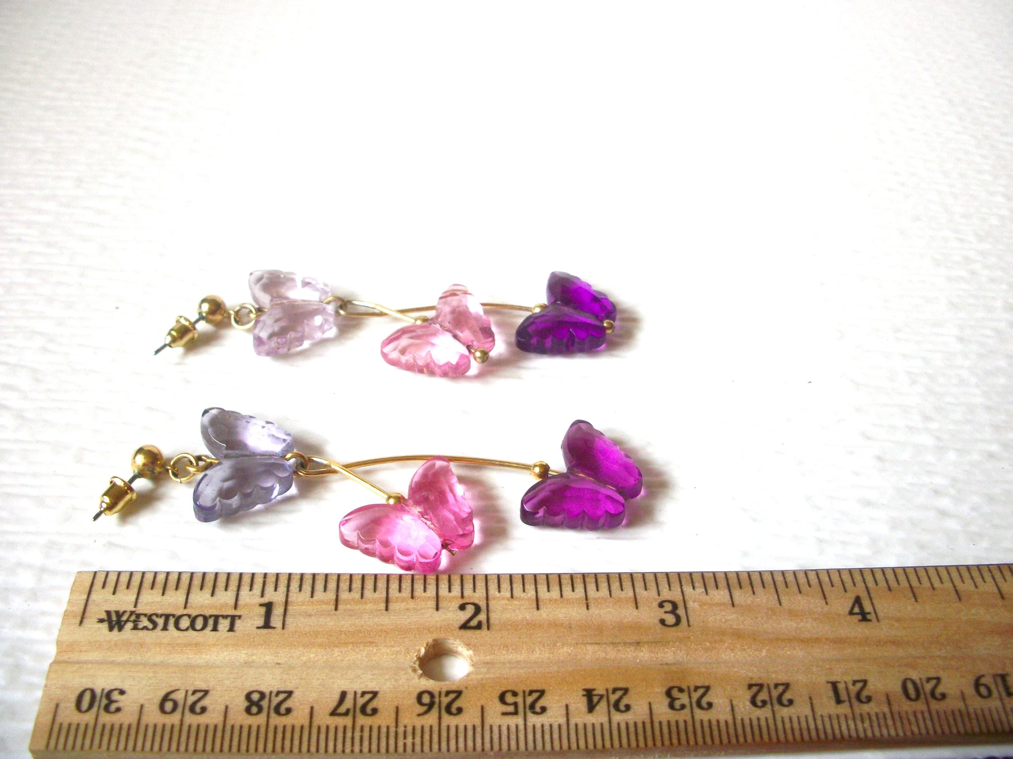 Vintage Earrings Gold Toned Translucent Purple Pink Fuchsia Butterfly 3" Long 62617