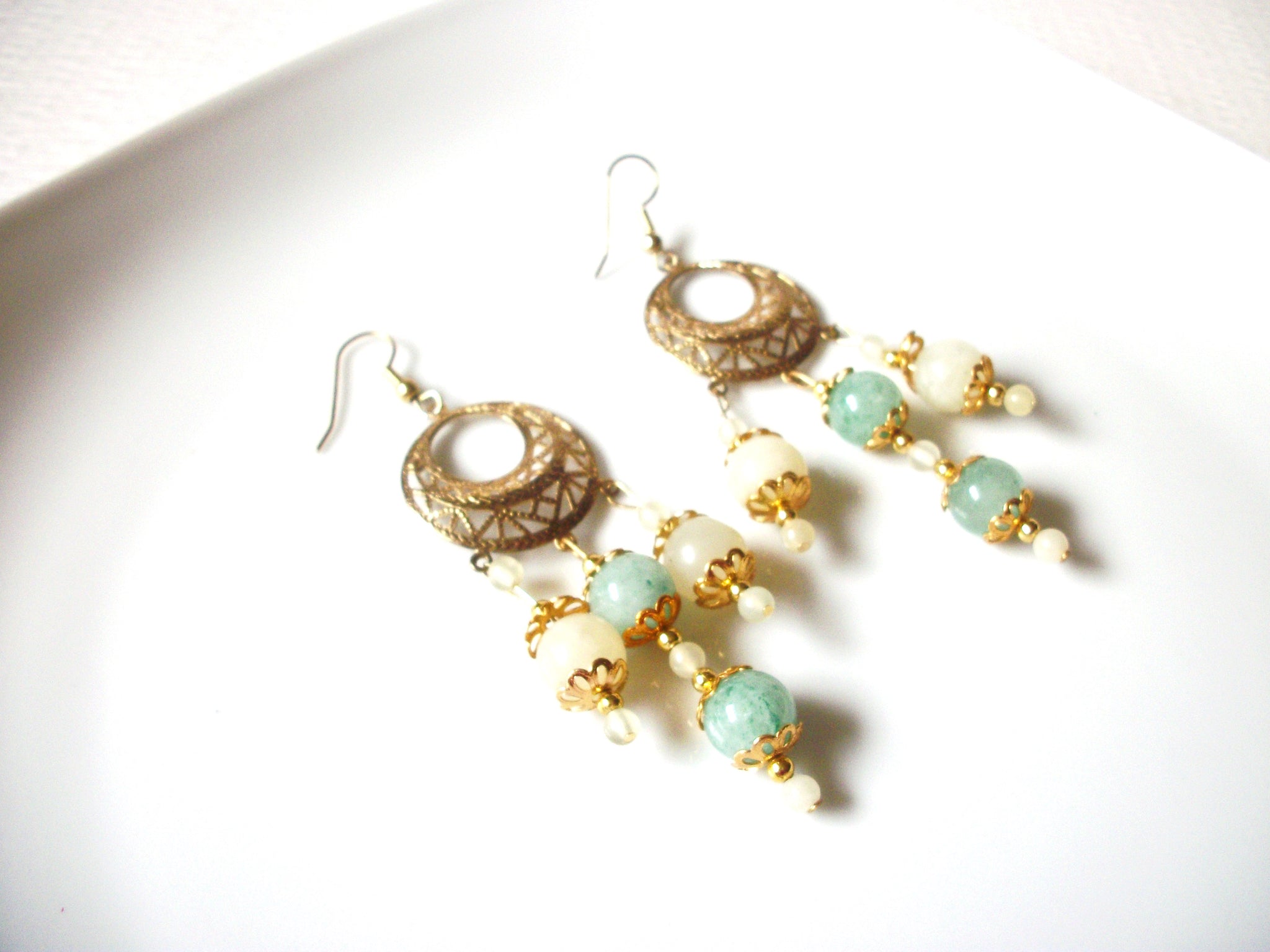 Vintage Gold Toned Filigree Glass Earrings 121216