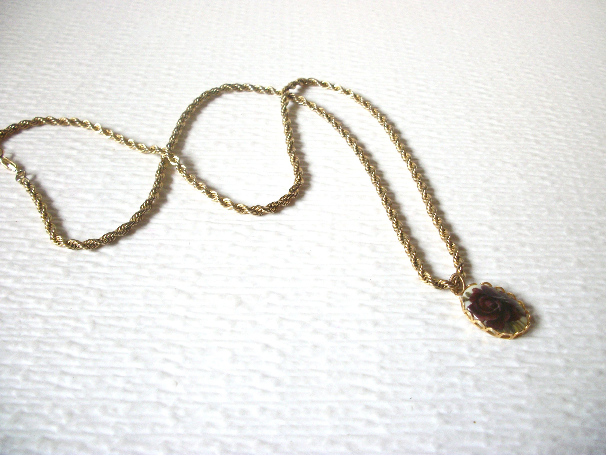 Vintage PAT Stamped Gold Toned Rope Rose Pendant 82217