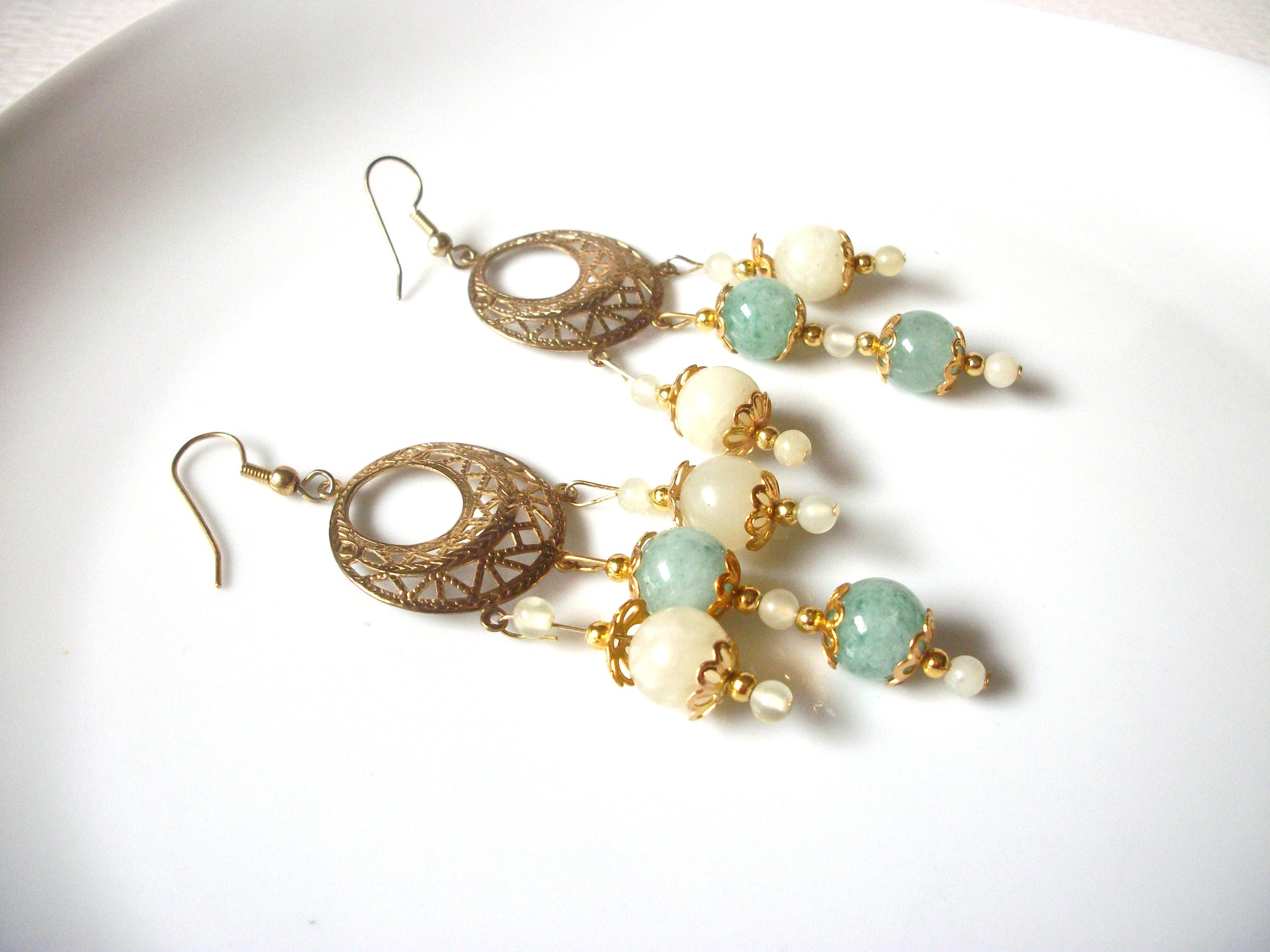 Vintage Gold Toned Filigree Glass Earrings 121216