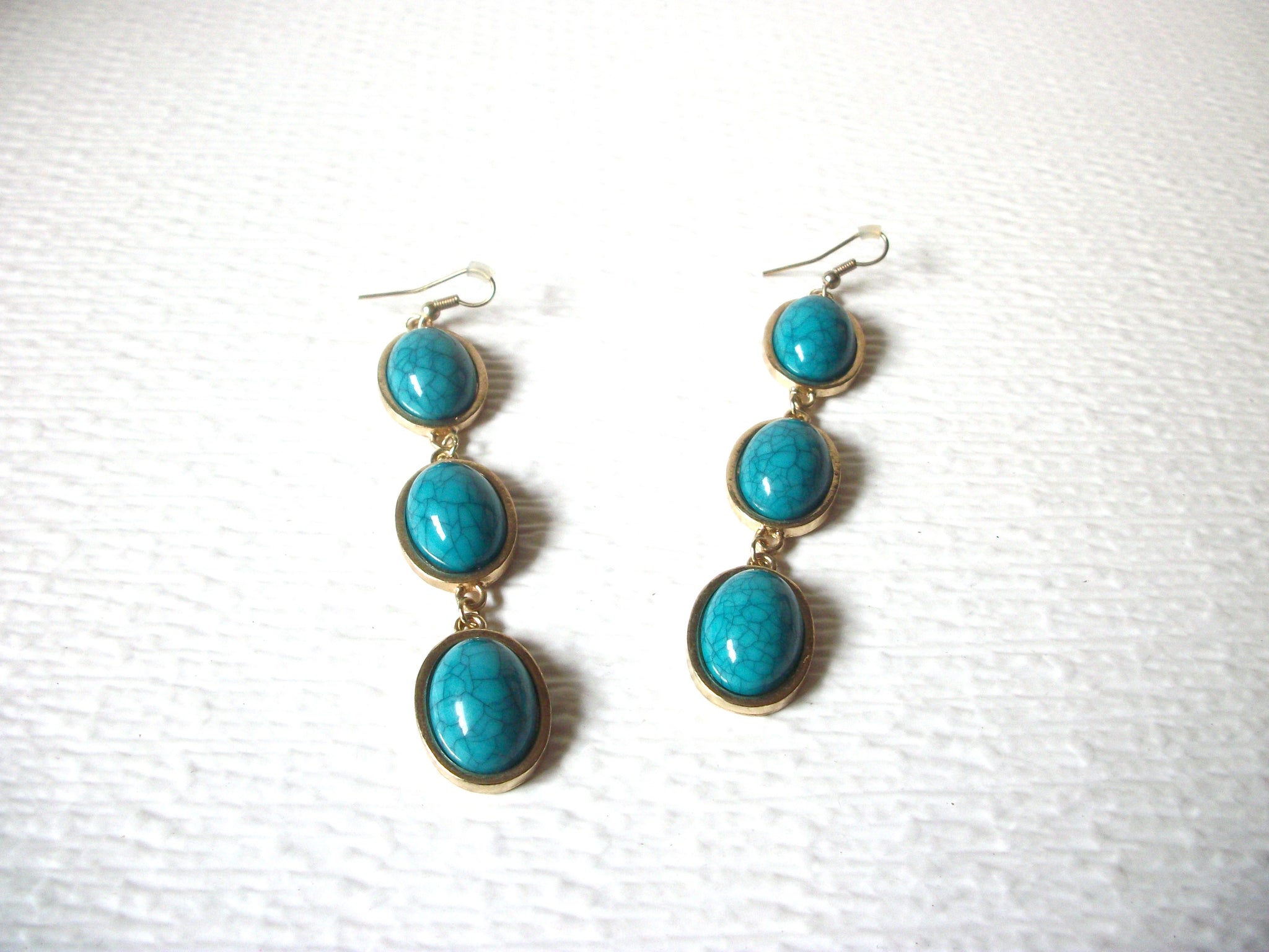 Retro Gold Toned Faux Turquoise Stone 3" Dangle Earrings 62218