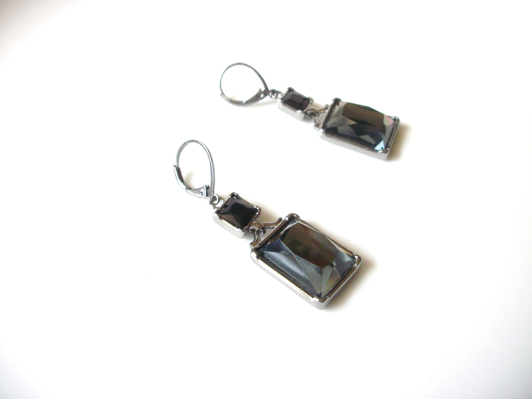 Retro Silver Toned Gray Glass Dangle Earrings 92816