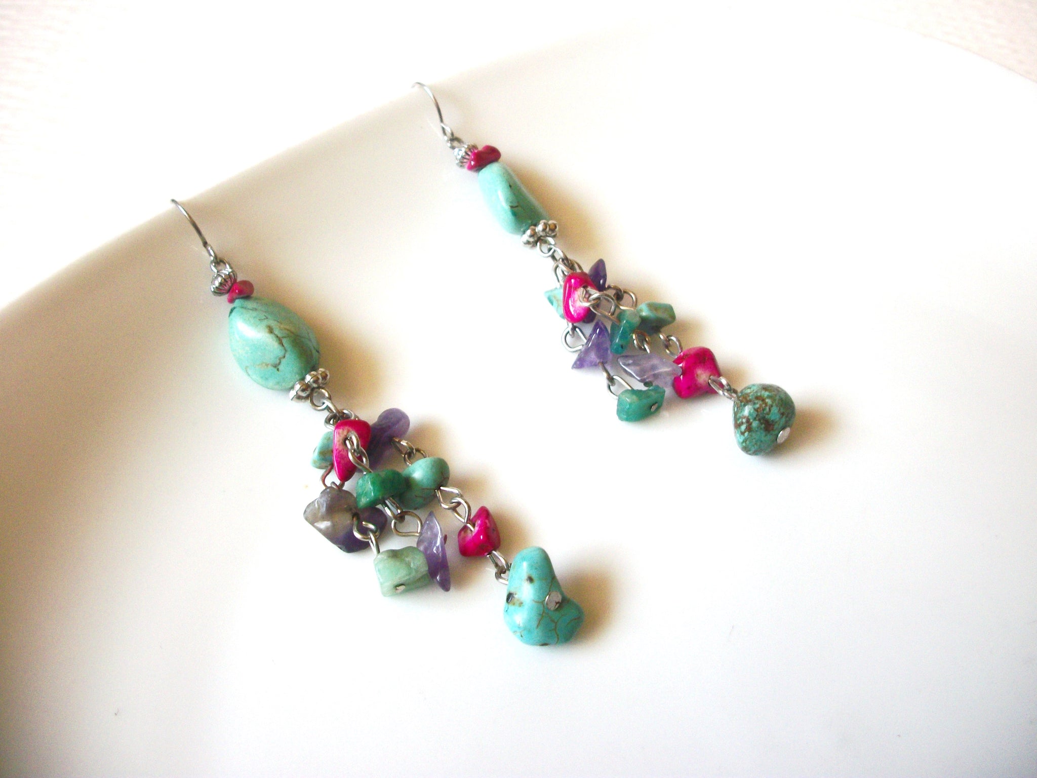 Southwestern Turquoise Stone Amethyst Semi Precious Chips 2 1/2' Long Dangle Earrings 92816