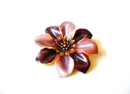 Vintage Mauve Alt Rosa Enameled Flower Brooch Pin 92017