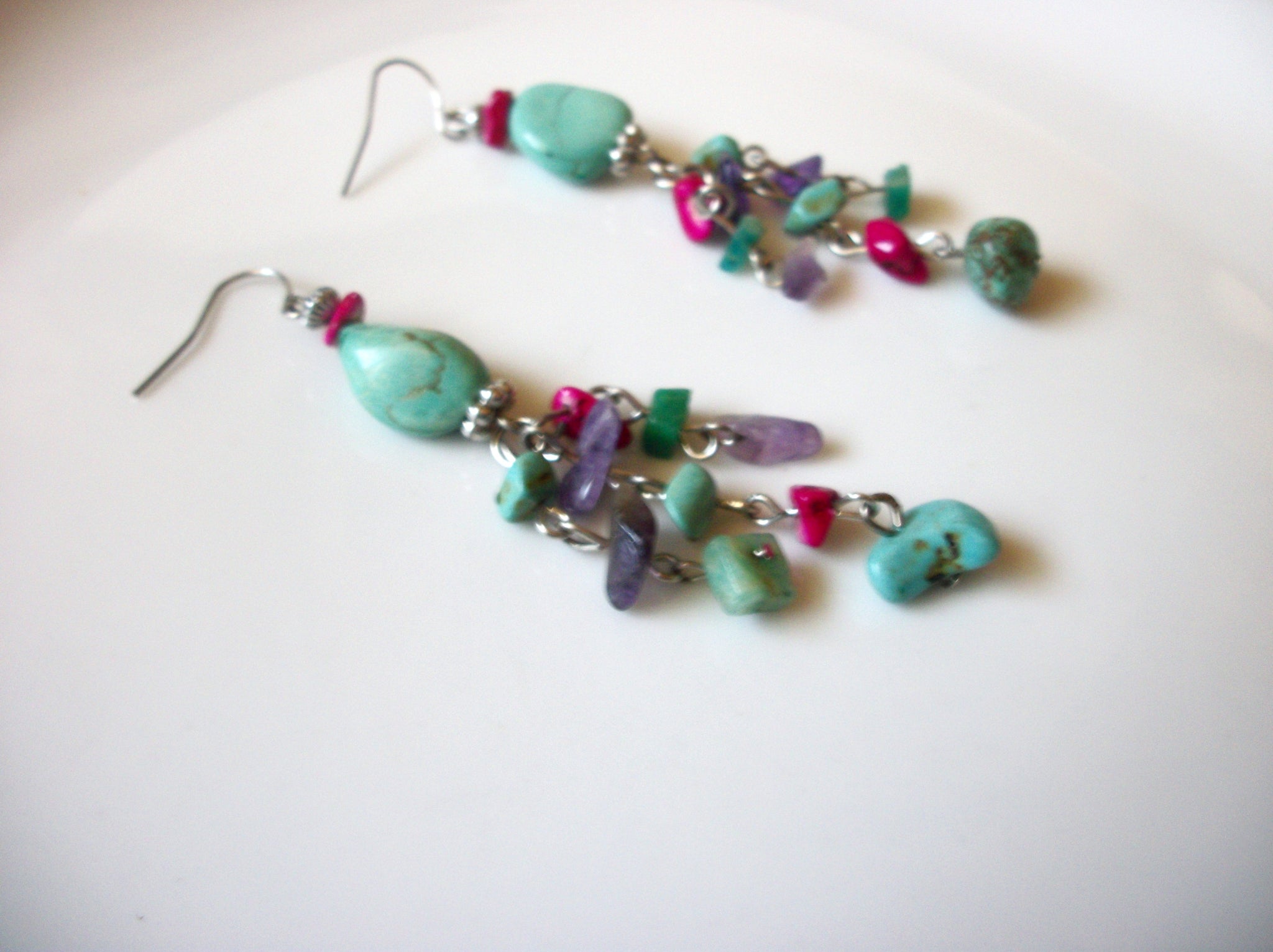 Southwestern Turquoise Stone Amethyst Semi Precious Chips 2 1/2' Long Dangle Earrings 92816