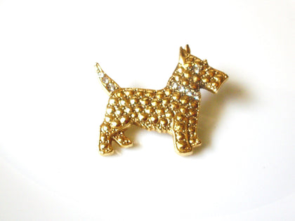Retro Gold Toned Clear Rhinestone Schnauzer Dog Brooch Pin 122020