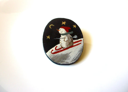 Vintage Hand Painted Snowman Brooch Pin 122120