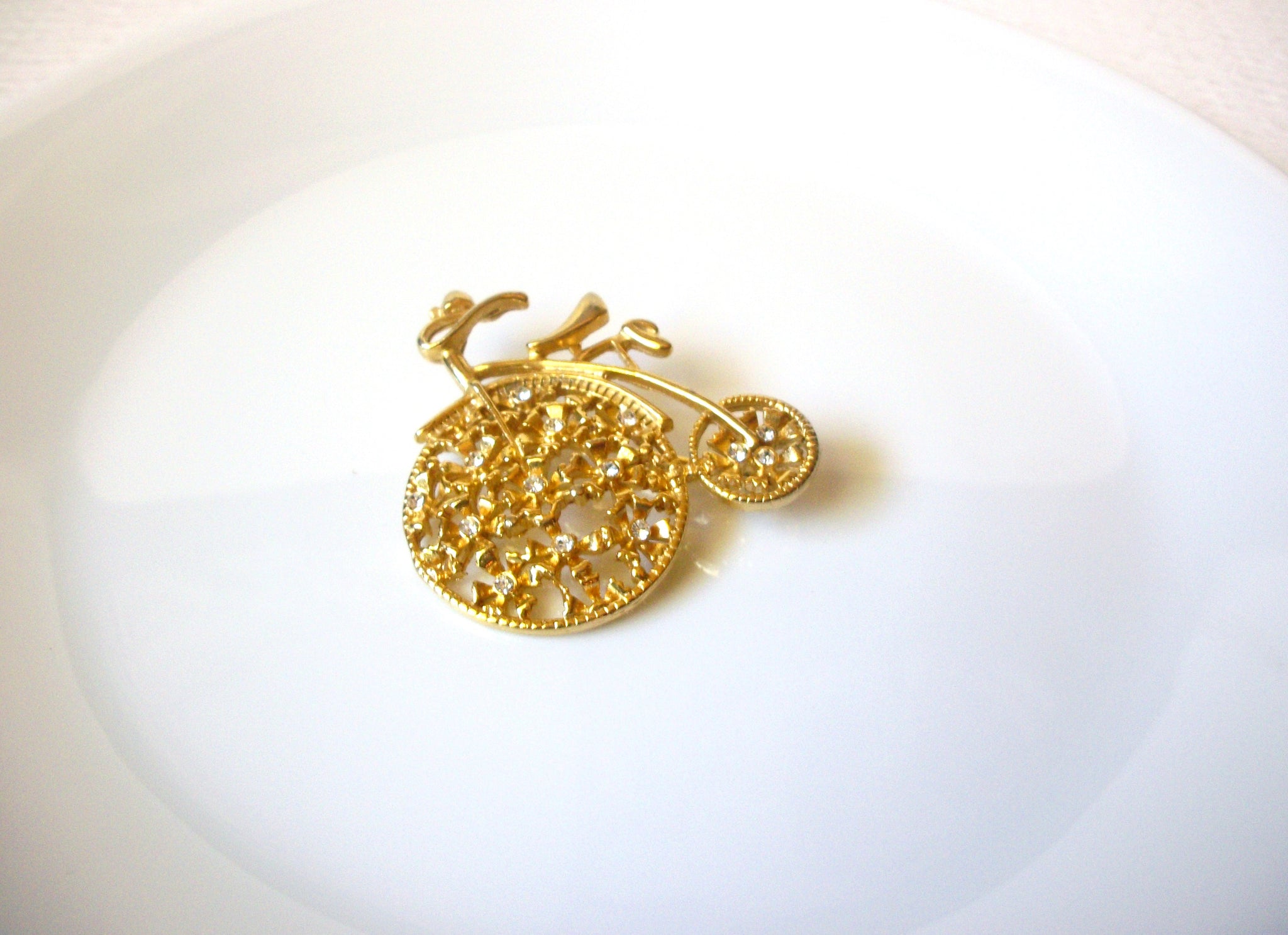 Vintage Gold Toned Clear Rhinestone Tandem Bike Brooch Pin 122120