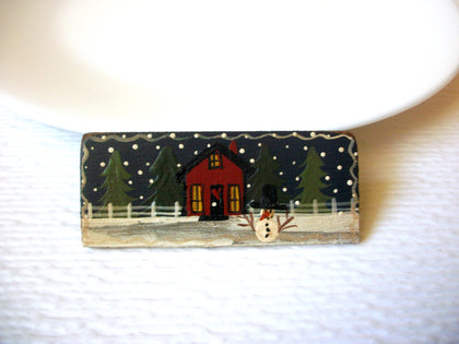 Vintage Hand Painted Winter Scene Snowman Brooch Pin 122120