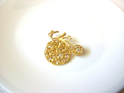 Vintage Gold Toned Clear Rhinestone Tandem Bike Brooch Pin 122120