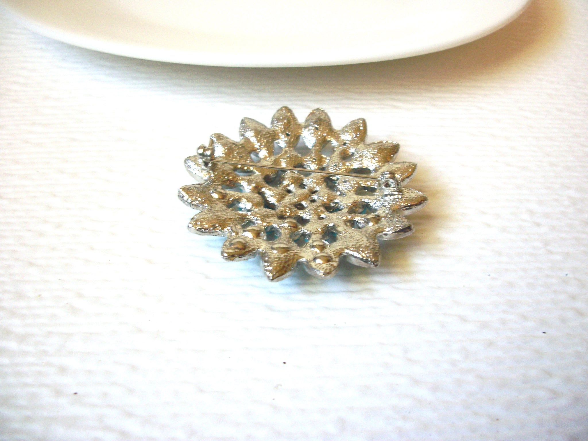 Retro Silver Blue Floral Burst Brooch Pin 122120