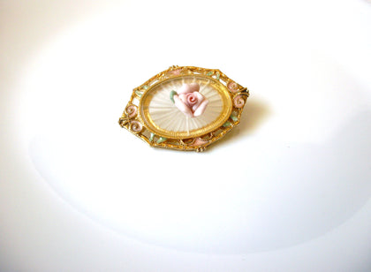 Porcelain Rose Frosted Glass Vintage Brooch Pin 122120