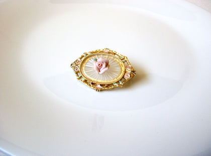 Porcelain Rose Frosted Glass Vintage Brooch Pin 122120