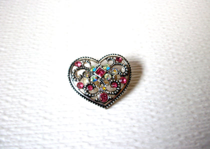 Silver Toned Aurora Borelias Clear Pink Rhinestone Heart Brooch Pin 122220