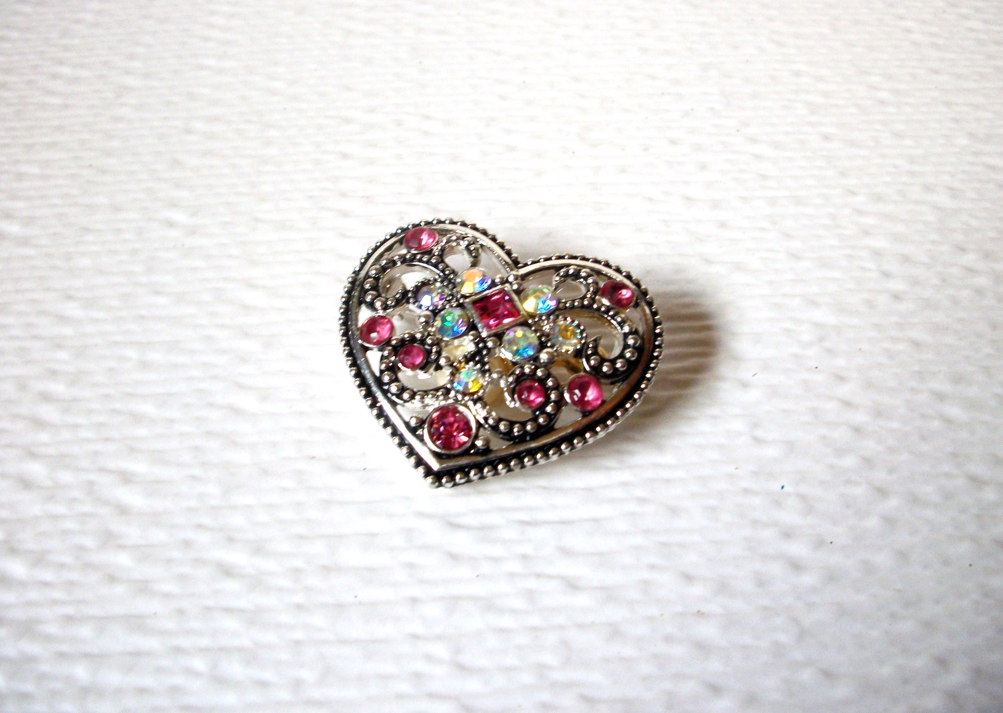 Silver Toned Aurora Borelias Clear Pink Rhinestone Heart Brooch Pin 122220