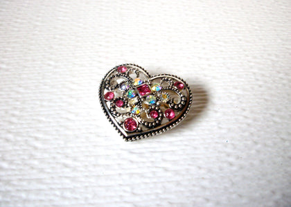 Silver Toned Aurora Borelias Clear Pink Rhinestone Heart Brooch Pin 122220