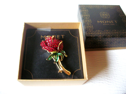 MONET Red Rhinestone Rose Gift For Her Flower Pin 122220