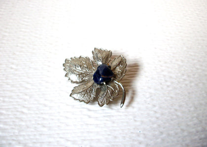 Silver Toned Leaf LAPIS Semi Precious Raindrop Vintage Brooch Pin 122220