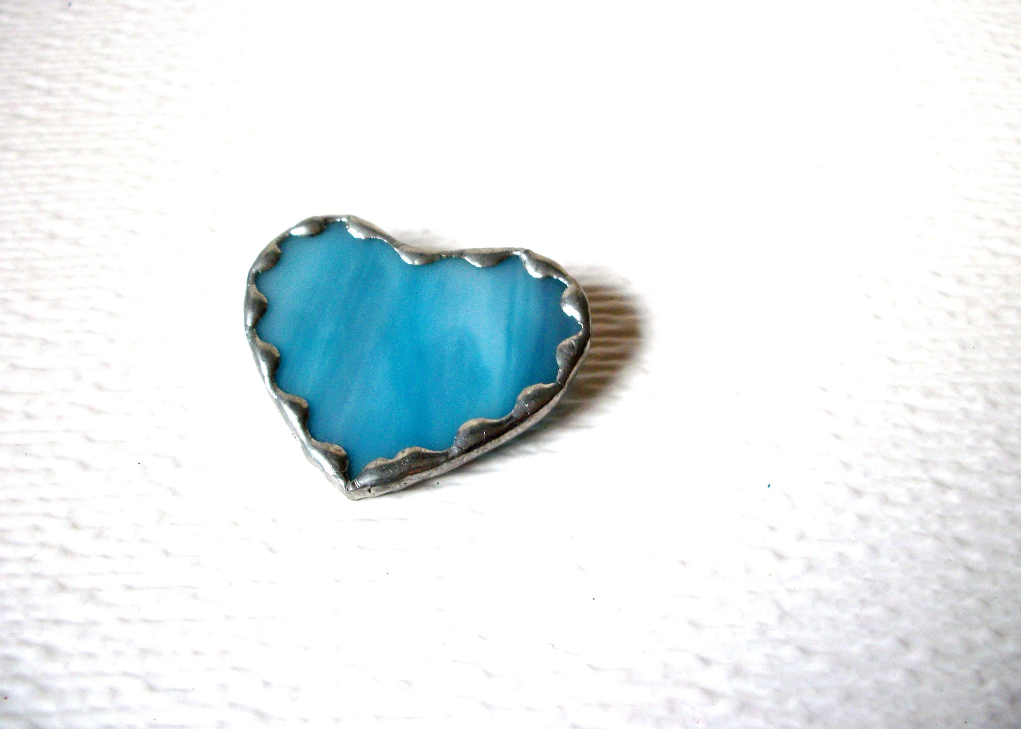 Frosted Blue Glass Silver Toned Vintage Heart Brooch Pin 122220