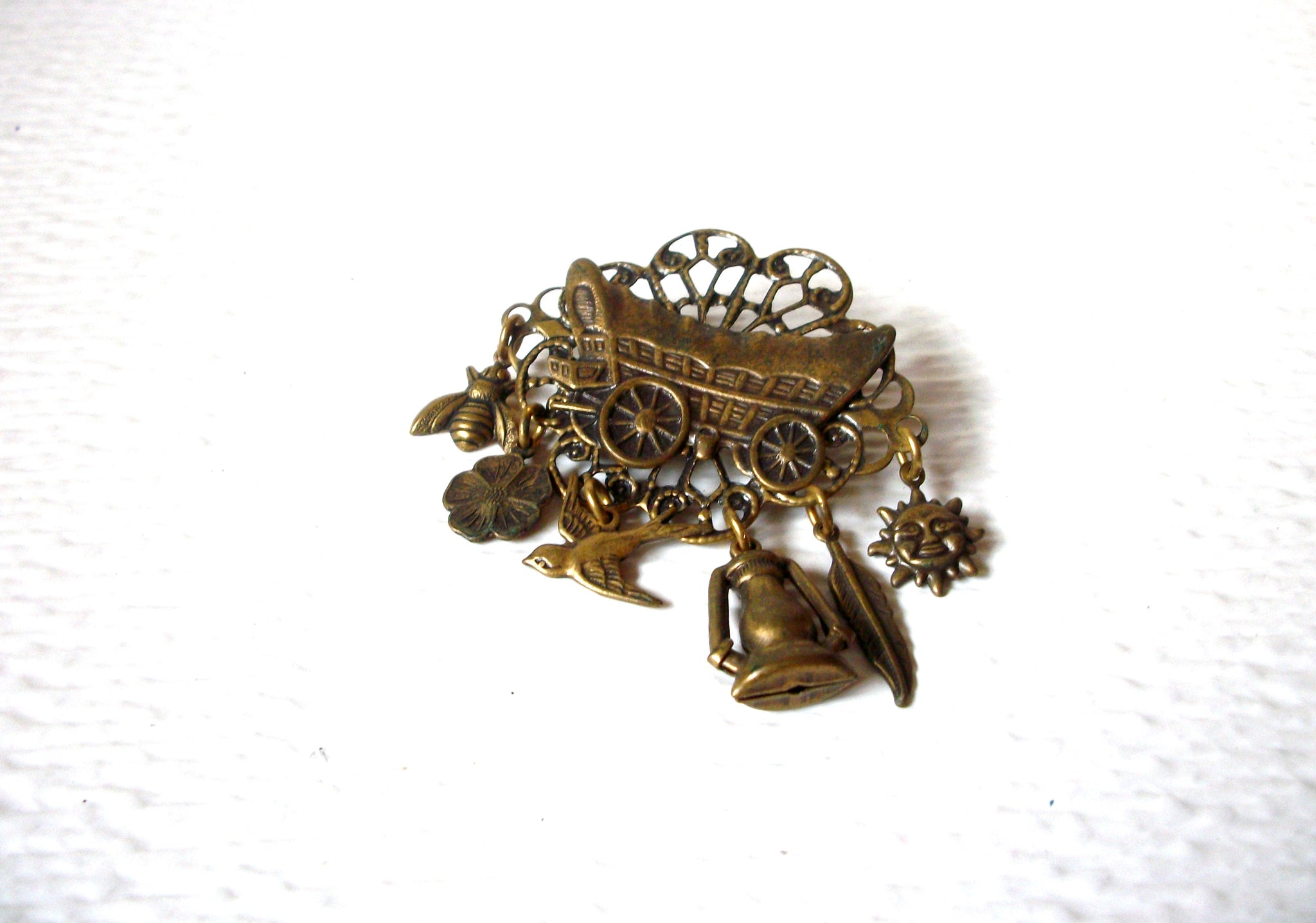 Vintage Antiqued Distressed Metal Wagon Charms Brooch Pin 122220