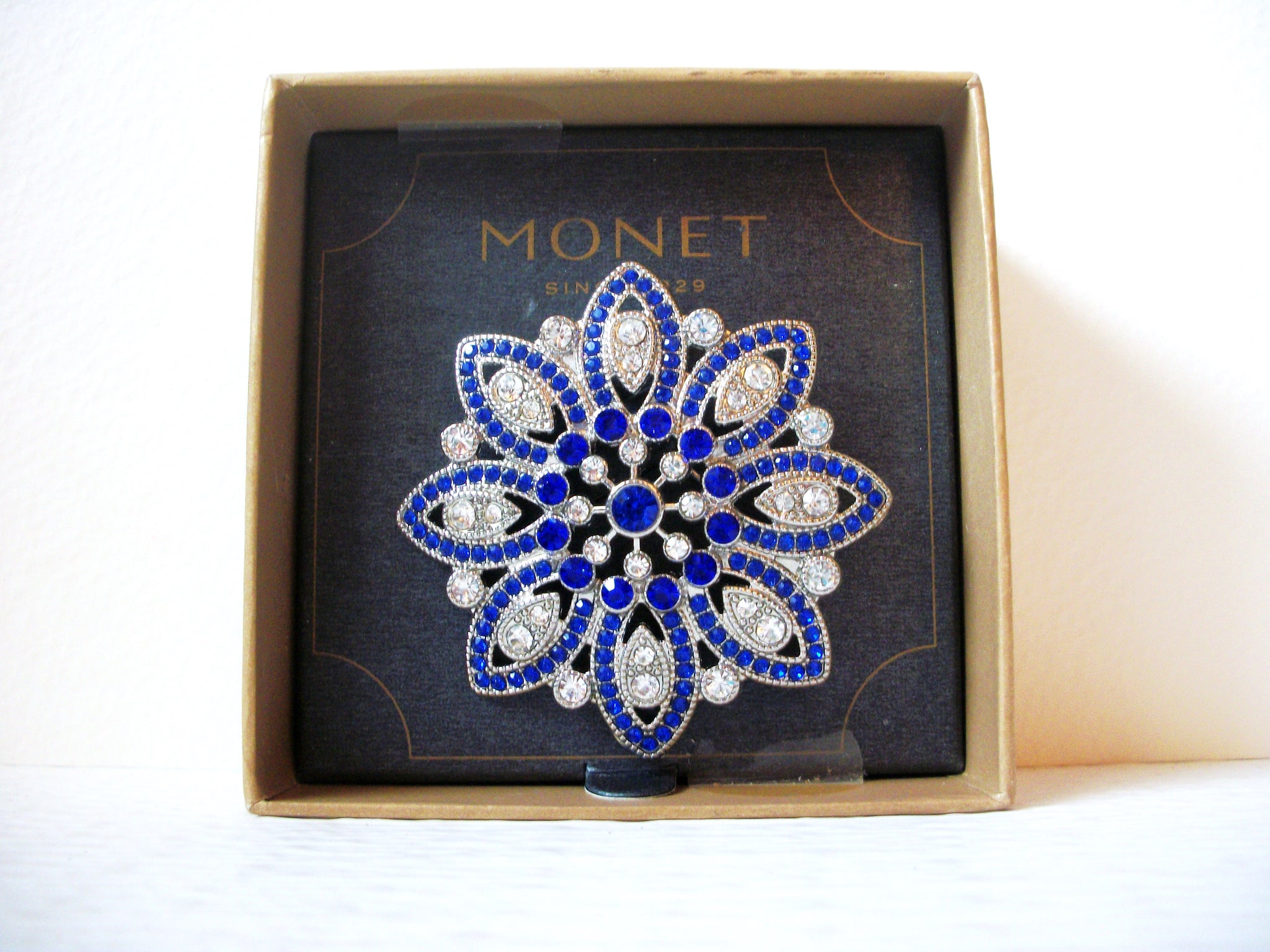 MONET Blue Clear Rhinestone  Flower Gift For Her Brooch Pin 122220