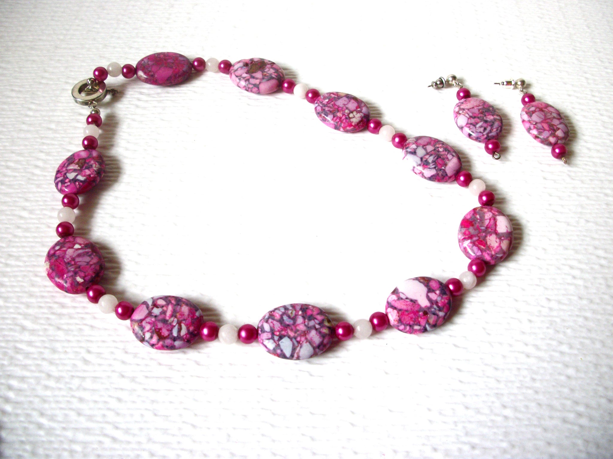 Pink Jasper Mosaic Beads Polished Necklace Earrings Set 122620
