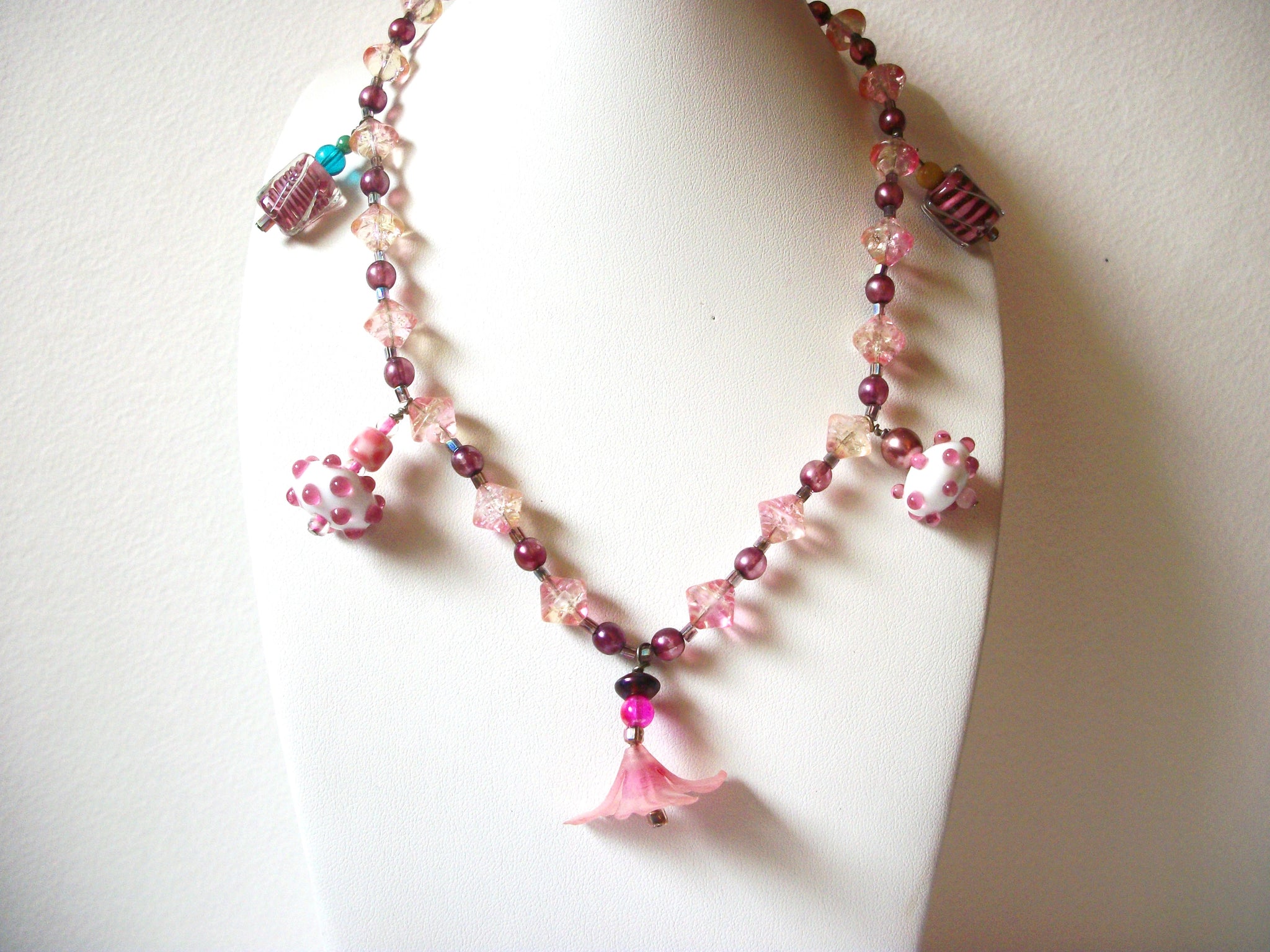 Hand Made Pink White Czech Glass Murano Lamp Work Necklace 122420