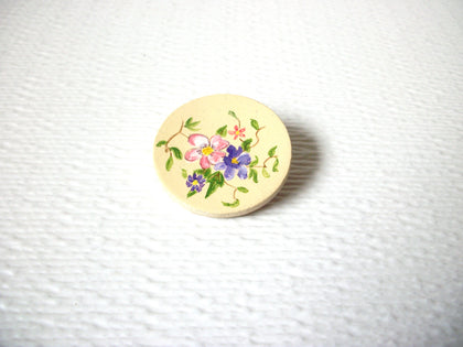 Vintage Hand Painted Flower Wood Brooch Pin 122420