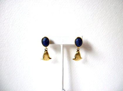 Scarab Dark Blue Fan Vintage Gold toned Earrings 122620