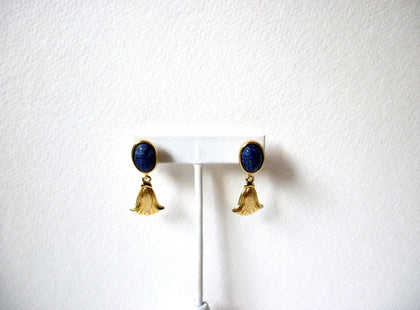 Scarab Dark Blue Fan Vintage Gold toned Earrings 122620
