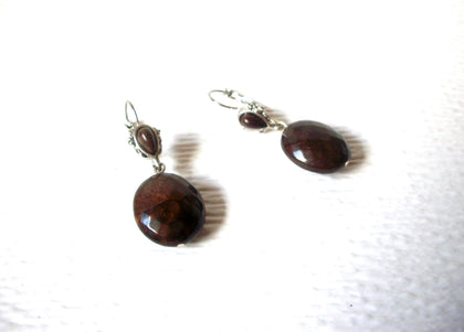 Retro Silver Toned Brown Acrylic Dangle Earrings 122420