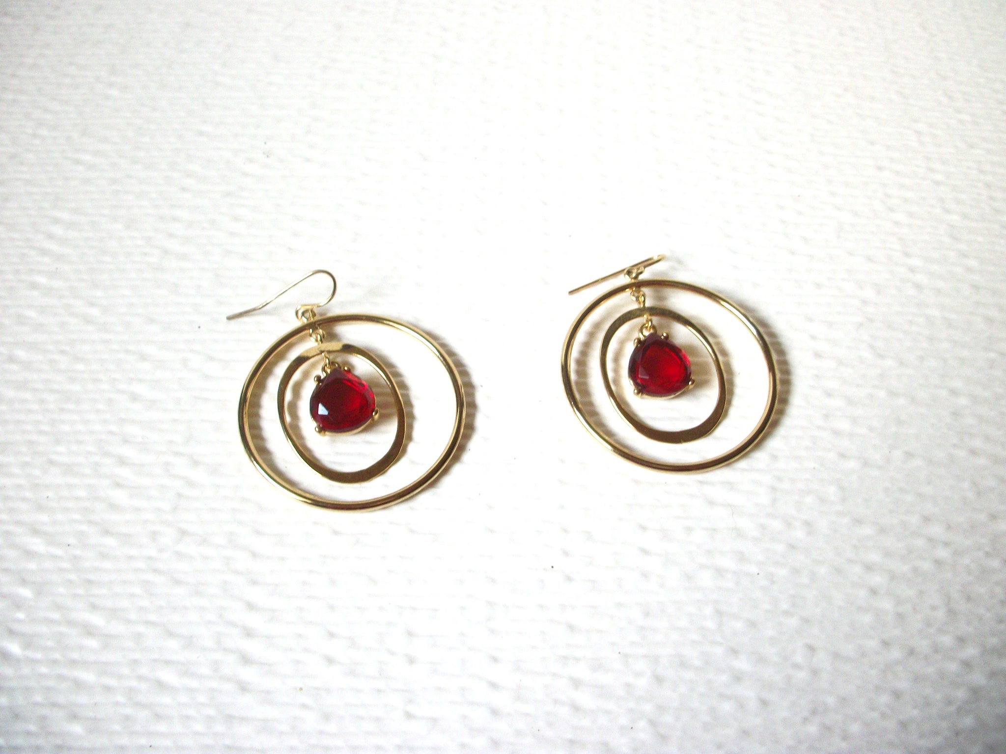 Gold Toned Red Glass Hoop Dangle Earrings 122420 Hand Made