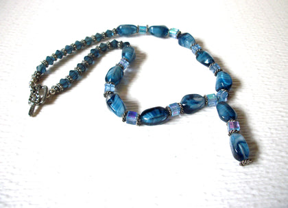 Retro Chunky Blue Czech Glass Tassel Necklace 122520
