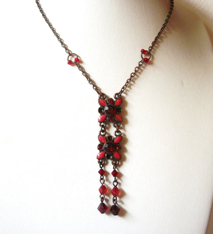Copper Toned Red Rhinestones Floral Necklace 122620