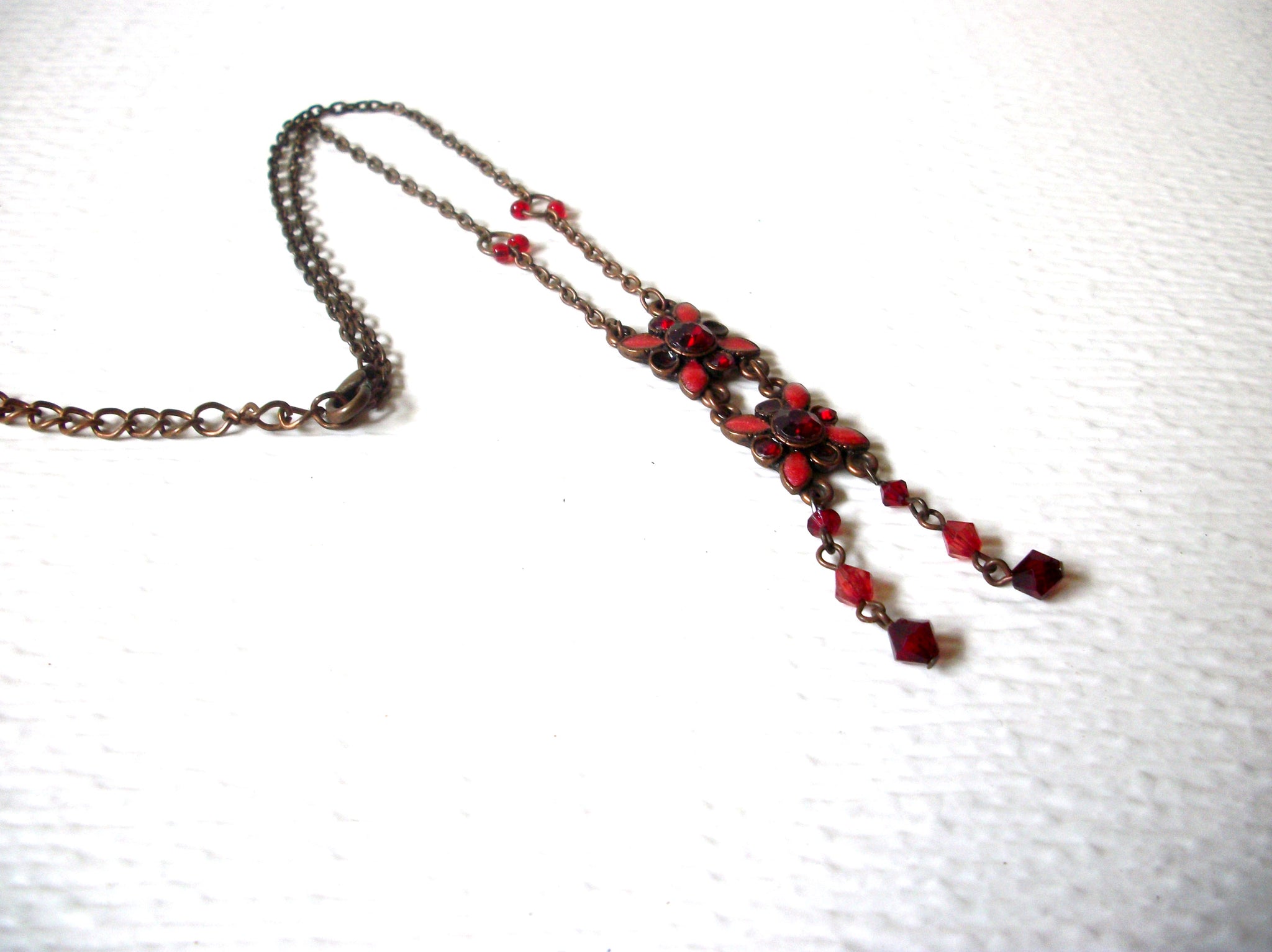Copper Toned Red Rhinestones Floral Necklace 122620